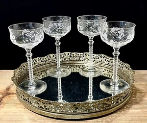 Vintage Champagne Coupe Etched Mid Century CordialCocktail Glasses Martini Set 4 - Picture 1 of 11