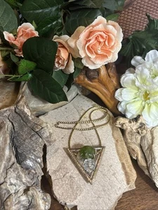 35. G.F. Chain 925 Sterling Brass Green Peridot White Quartz Pendant Necklace - Picture 1 of 21