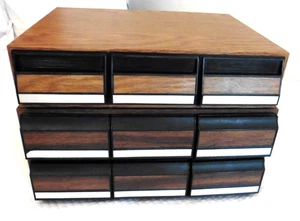 Set of Vintage Cassette Tape Holder 3 Drawer Storage Case Wood Grain 114 Total - Imagen 1 de 15
