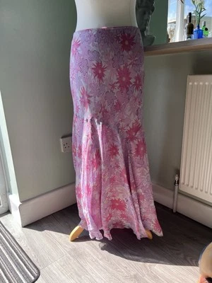 Y2k 2000s Vintage Pink 100% Silk Lettuce Hem Maxi Floral Boho Summer Skirt - Image 1 of 4