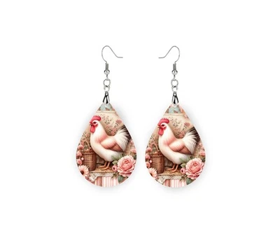 Shabby Chic Chicken Print Wood Dangle Teardrop Print Earrings Jewelry - Image 1 of 4