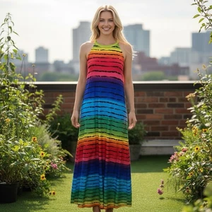 Vestido para mujer a rayas neón arco iris colección Rouge Maxi con abertura talla 1XL - Imagen 1 de 3