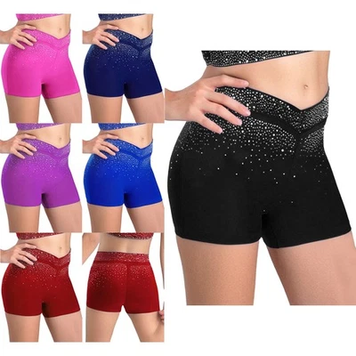 Kids Girls Sparkling Rhinestone Shorts V-Front Gymnastics & Ballet Performance - Image 1 of 3