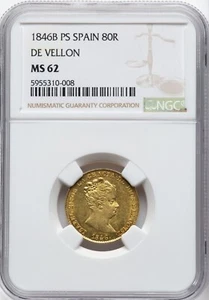 Spain - 1846 B-PS Isabell II 80 Reales - NGC MS62 - RARE - JUST 3 FINER AT NGC - Picture 1 of 2