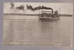 Lake Okoboji IOWA RPPC c1940 STEAMBOAT QUEEN Steamer Tourist Launch FULL STEAM - Picture 1 of 3