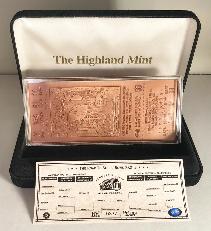 Boleto de cobre Highland Mint Broncos & Falcons Football SUPER BOWL XXXIII con certificado de autenticidad Foto 1 de 1