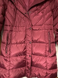 London Fog Womens Jacket L Red Down Ultra Light Puffer Hooded Long Zip Coat - Picture 1 of 14