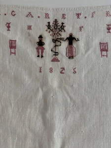 Show Towel 1825 Adam & Eve Sampler American Needlework Linen Sampler Folk Art  - Picture 1 of 17