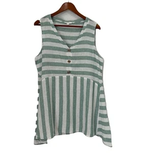 Top de playa almuerzo salón mujer XL verde blanco rayas lino algodón pulóver costero - Imagen 1 de 11