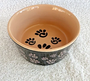 Pet Food Dish Bowl Black Brown Ceramic 5” Diameter Cats Dogs Paw Prints - Picture 1 of 13