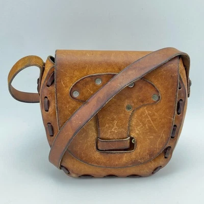 Vintage Brown Leather Crossbody Satchel Bag Handmade Boho Festival Purse 9x5 - Image 1 of 4