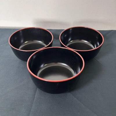 Juego de 3 cuencos de sopa japoneses de madera estilo laca roja negra Donburi Miso Foto 1 de 3