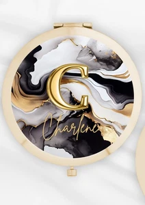 Personalisierter goldener Kompaktspiegel mit schwarz-weißem Marmor-Design Geschenk für sie - Bild 1 von 3