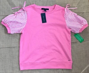 Felpa Tommy Hilfiger rosa manica gingham spalla fredda camicia media nuova - Foto 1 di 6