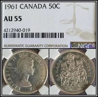 1961 Canada 50 Cents NGC AU 55 About Unc Silver Queen Elizabeth 50c Coin - Image 1 of 3