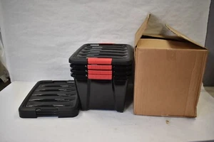 Lot of 4 Iris USA 32 QT Plastic Storage Bin Totes Organizing Container Black Red - Picture 1 of 8