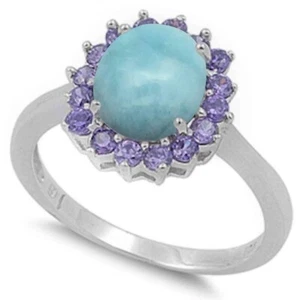 Oval Natural Larimar & Amethyst .925 Sterling Silver Ring Size 7 - Picture 1 of 2