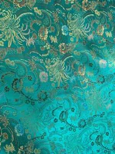 Emerald Green & Gold Paisley Mums Floral - Faux Silk Brocade Jacquard Fabric - Picture 1 of 5