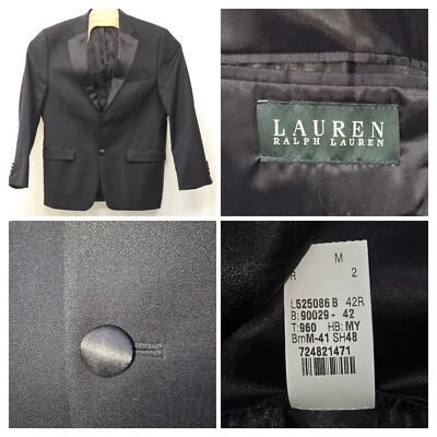 Lauren Ralph Lauren Tuxedo Jacket Men 42R Black Wool Satin Notch Lapel Ventless - Image 1 of 4