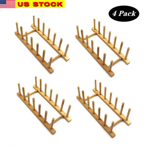 4x Bamboo Wooden Dish Rack Plate Stand Pot Lid Holder Cabinet Organizer Kitchen