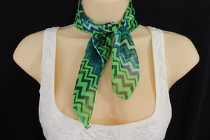 Women Fashion Bright Green Neck Scarf Fabric Black Chevron Print Pocket Square - Picture 1 of 9