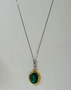 7.96Ct Colombian Emerald Cabochon & Diamonds Pendant 18k Platinum Chain - Picture 1 of 7