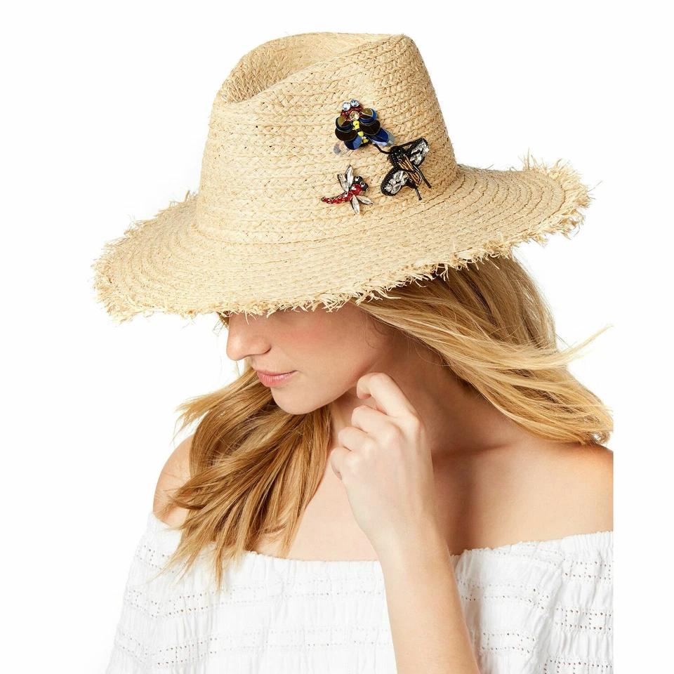 Steve Madden Straw Beach Hat JEWEL Bug Trims Natural Raffia A2