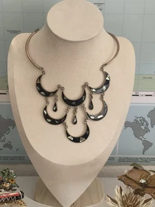 Vintage ALPACA MEXICO Black Enamel & Abalone MOP Moon Lariat Necklace - Picture 1 of 4
