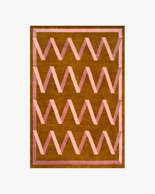 Hand Tufted Geometric Area Rug, Modern Mustard Yellow Pink Zigzag Carpet, - Image 1 of 3