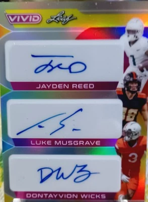 2023 Leaf Vivid Auto Trios Jayden Reed, Luke Musgrave, Dontayvion Wicks /9 Rare - Image 1 of 4