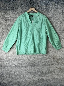 Talbots Shirt Womens Petite Large Green Eyelet Split Neck Scallop Hem Boho - Picture 1 of 7
