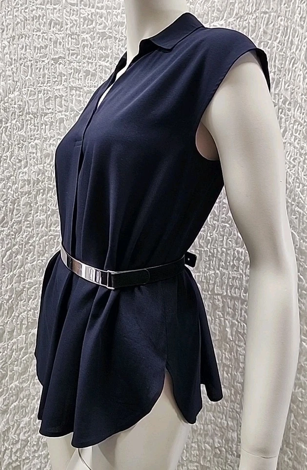 UNI QLO XS 8 Navy Comfy SHIRT Top Relaxed Blouse V-neck Pleat Lightweight #A5 - image 1 of 4