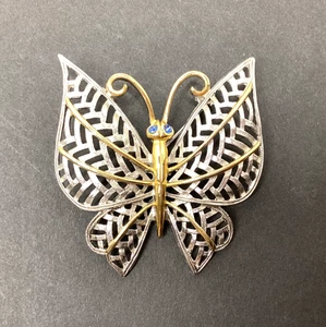 Vintage Avon 2-Tone Butterfly Brooch Blue Rhinestone Eyes 2" - Picture 1 of 8