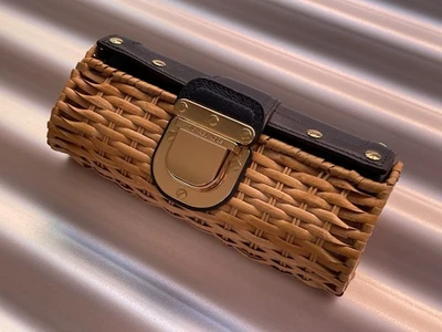 Michael Kors Santorini Basket Natural Woven Rattan Navy Blue Leather Clutch Bag - Image 1 of 4