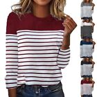 Comfortable Women's Work Crew Neck Striped Print Tee with Long Sleeves