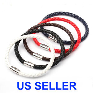 Men's Women's Silver Stainless Steel Magnetic Clasp Braided Leather Bracelet