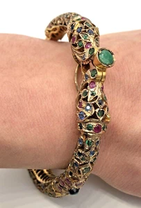 Antique 12k Yellow Gold Mughal Emerald Sapphire Ruby Makara Head Bangle Bracelet - Picture 1 of 16