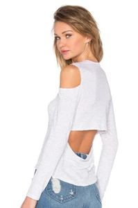 $90 NWT MONROW Gray White Melange Cutout Open Back Tee Slub Knit Top SOLD OUT XS - Picture 1 of 12