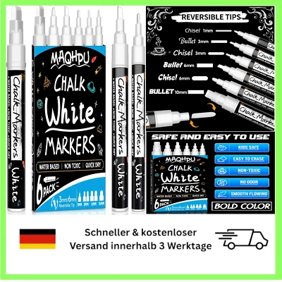 DETAILS IN DESCRIPTION Maqhpu Weiß Kreidestifte für Fenster & Tafel Abwaschbar, 6 Stück mit verschie...