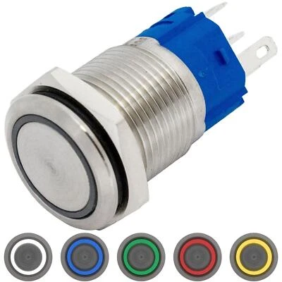 Stainless steel Push button Flat Ø16mm Ring LED IP65 2,8x0,5mm Pins 250V 3A Vand - Image 1 of 3