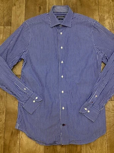 Camisa Tommy Hilfiger a medida azul blanco a rayas calce ajustado botón delantero LS 38” 112 - Imagen 1 de 11
