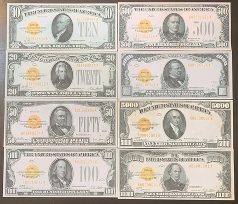 Reproduction Set 1928 Gold Certificates $10-$10,000 COMPLETE SET 8 Notes USA Cover