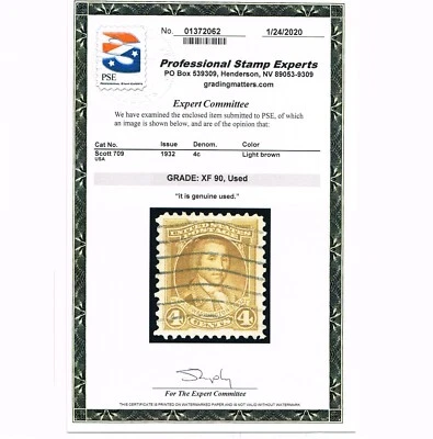 EXCELLENT GENUINE SCOTT #709 POSTALLY USED 1932 WASHINGTON PSE CERT GRADED XF-90 - Image 1 of 3