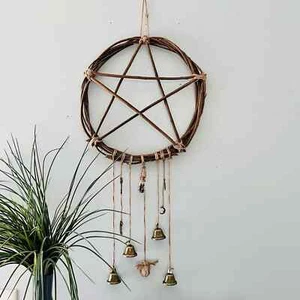 Handmade Pagan Protection Door Wreath Witchcraft Spell Jar Bells Ritual Pentacle - Picture 1 of 11