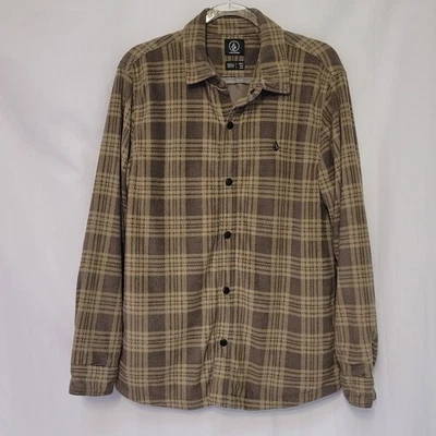 Volcum Tan Fleece Check Plaid Snap Front Lined Shirt Shacket Pockets Men's M - Image 1 of 4