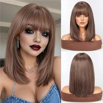 Peluca - Mezcla de Cabello Humano - Largo Recto Capas Marrón Oscuro Brazalete Resistente al Calor Foto 1 de 4