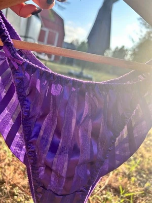 Vtg Delicates LOOK satin string bikini panties Second Skin SHINY WET Purple - Image 1 of 4