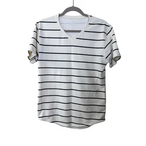 Bylt Basics Drop Cut Short Sleeve Lux v neck t shirt blue white striped small - Imagen 1 de 8
