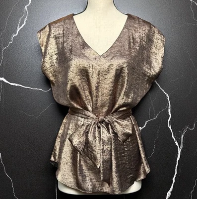 NWT Josef Ribkoff Women Rose Gold Metallic Sleeveless Belted Tunic Blouse Size 8 - Image 1 of 4