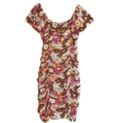 Madden NYC Ruched Dress Size Large Puff Sleeves Ditzy Floral Print Mini Length - Image 1 of 4